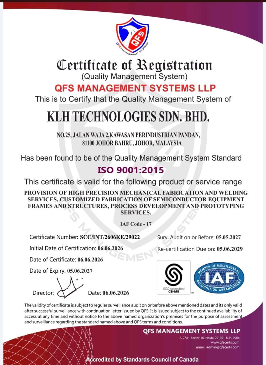KLH Technologies Sdn. Bhd. ISO 9001:2015 certificate